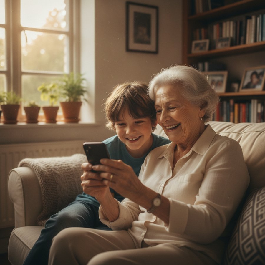 Eine ältere Frau und ihr Enkel schauen gemeinsam vergnügt auf ein Smartphone.